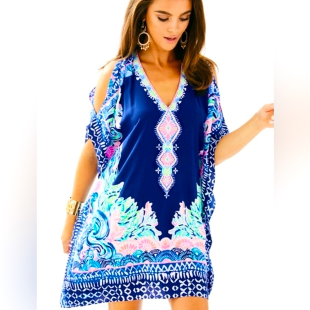 Lilly Pulitzer ATLIN tunic dress cover up Sea Glass 100% silk Caftan Small Med